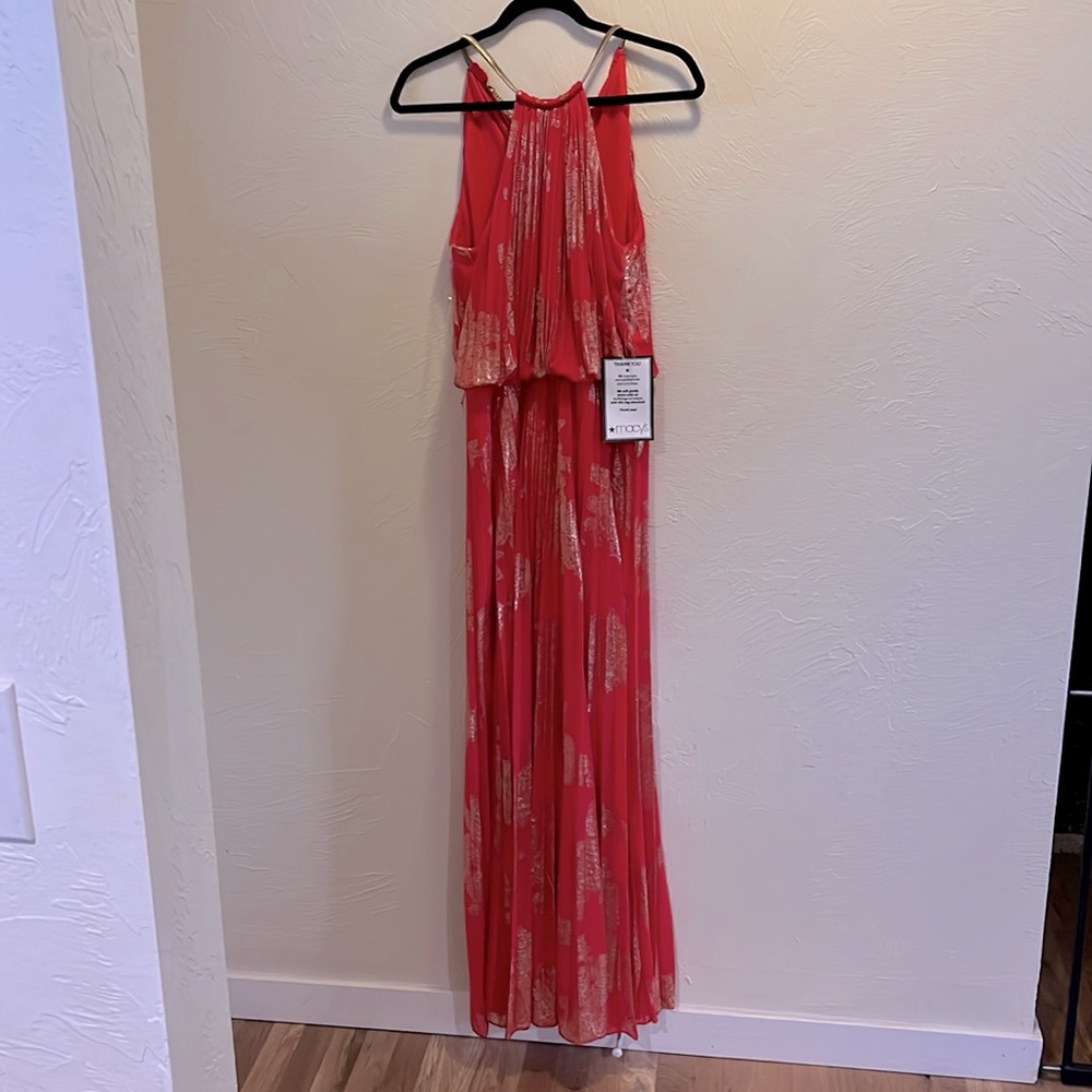 COPY - Beautiful pleated RED ORANGE W/ Gold accents Dress/Gown MSK size 8